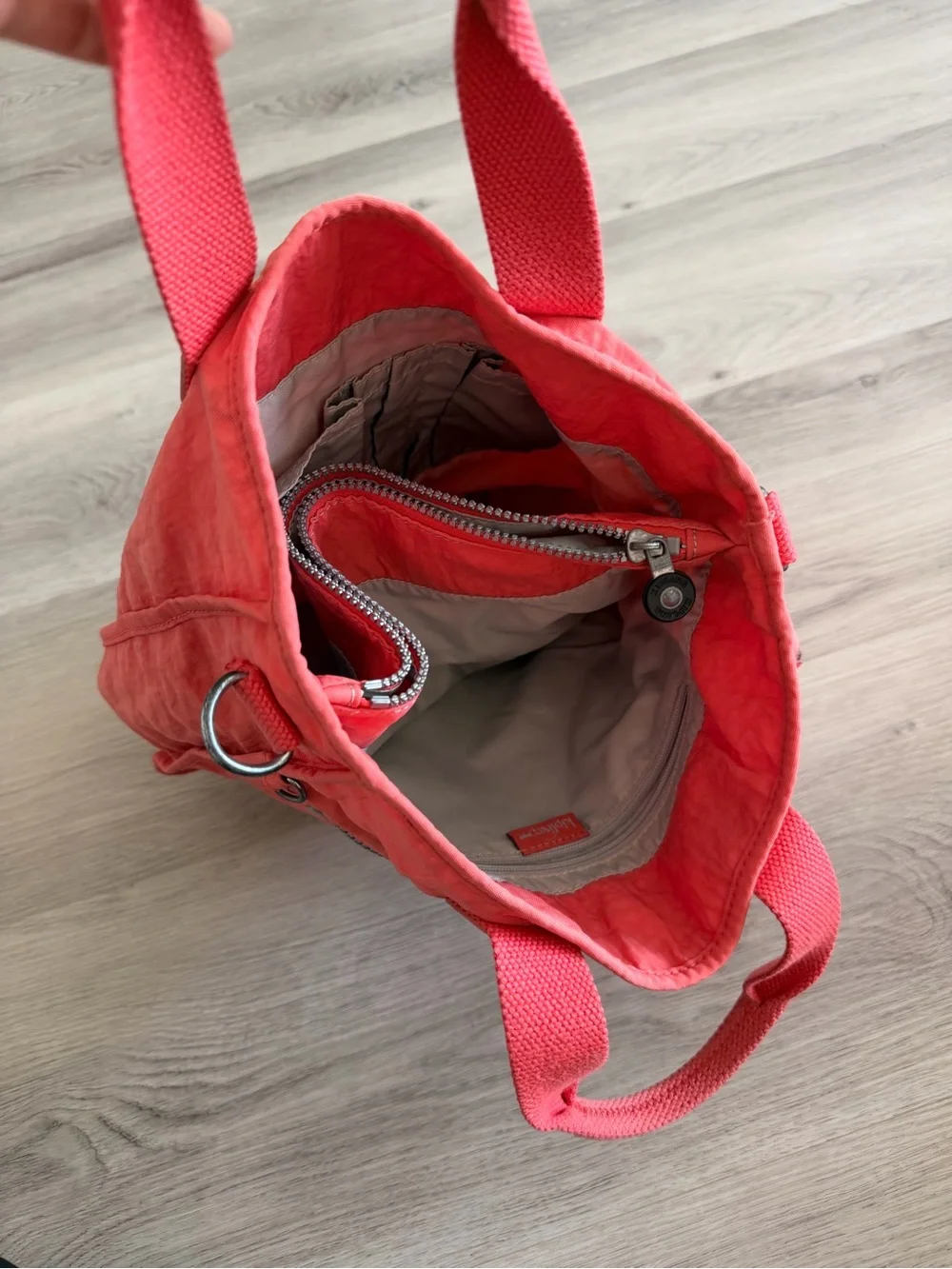 Kipling Coral Pink Nylon Tote with Monkey Charm